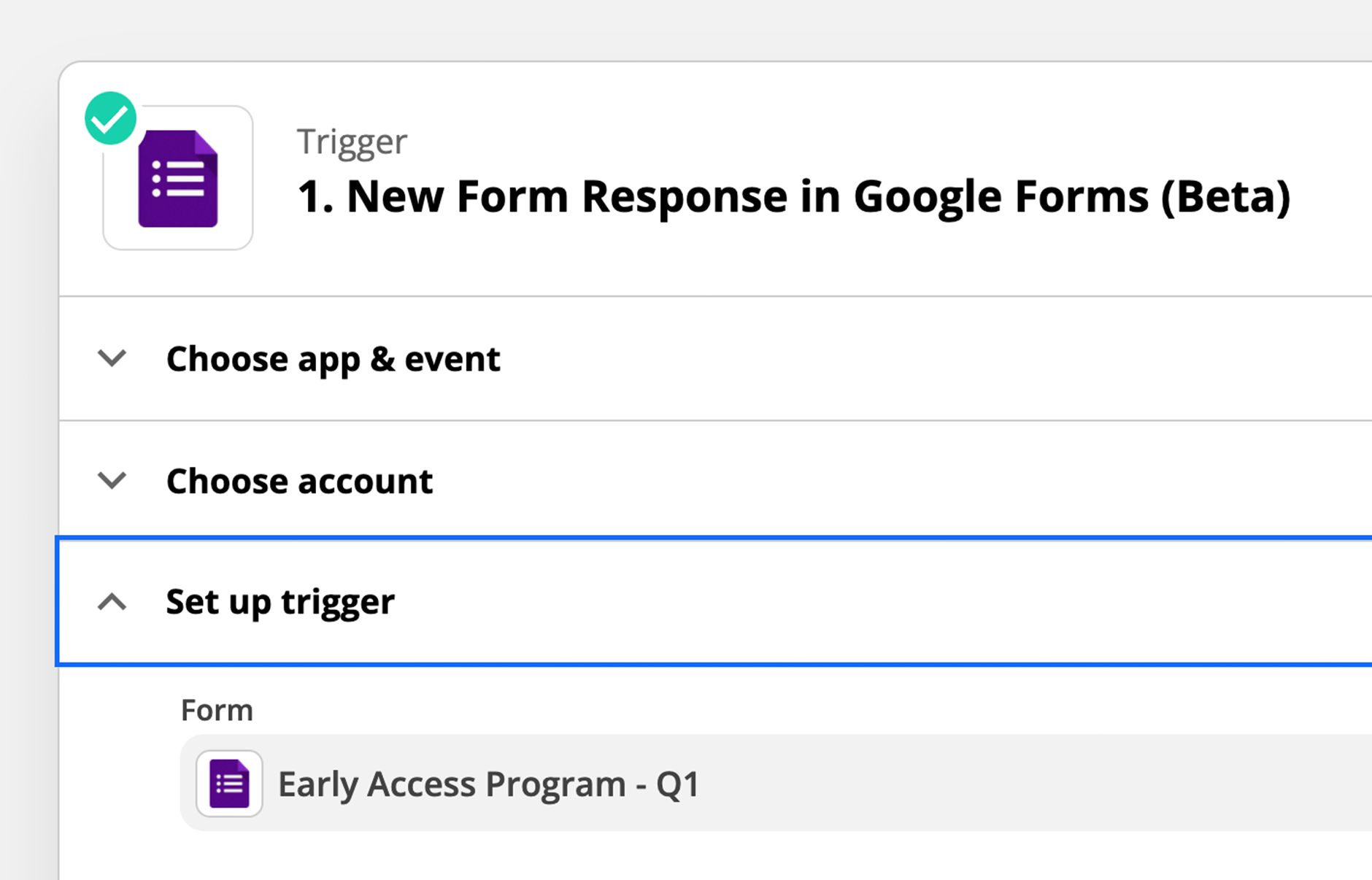 A trigger step is being configured in Zapier, where a specific Google Form is chosen start the automation process
