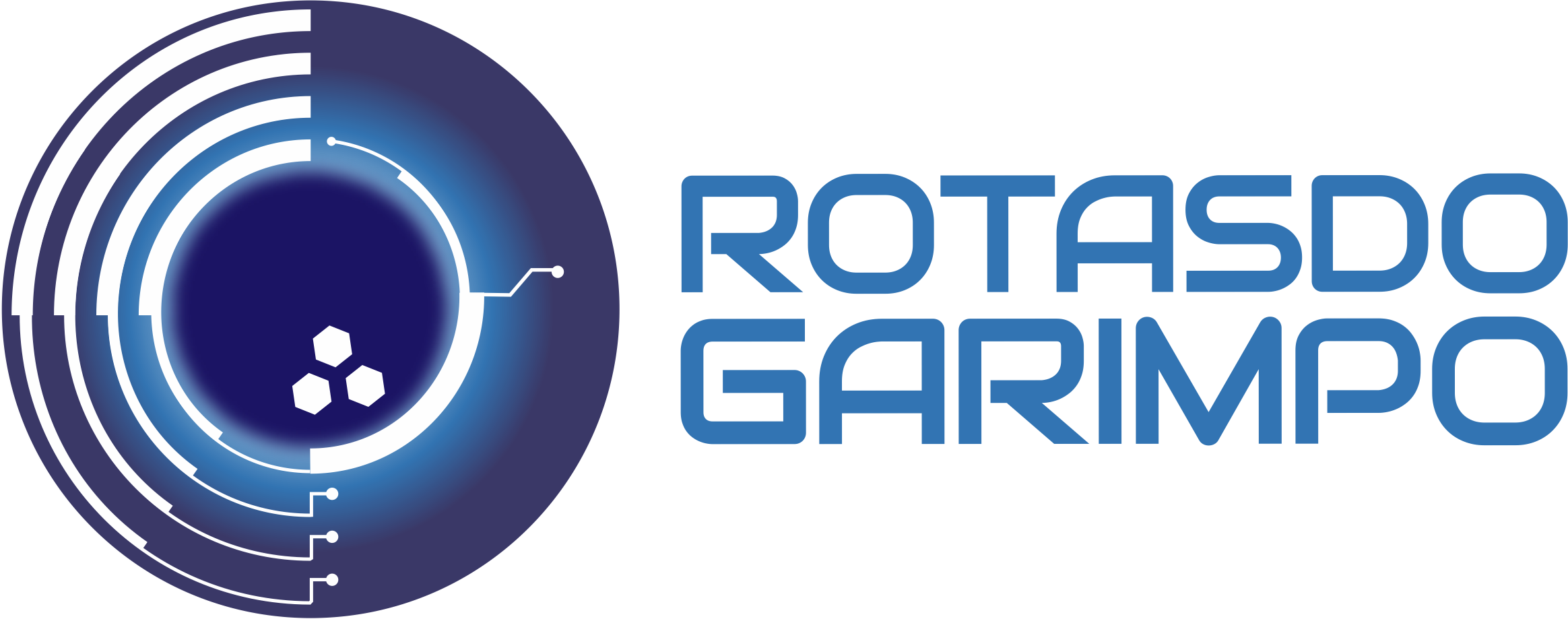 Logo marca do Rotas do Garimpo, a logo representa uma bateia tecnologica azul ao lado do texto Rotas dos Garimpo