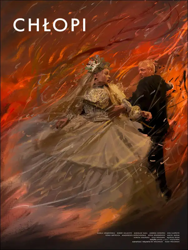 Seans filmowy | Plakat filmowy przedstawiający tańczącą parę, kobieta ubrana jest w jasną,długą suknię ślubną, mężczyzna na czarno. Czerwono-pomarańczowe tło..webp