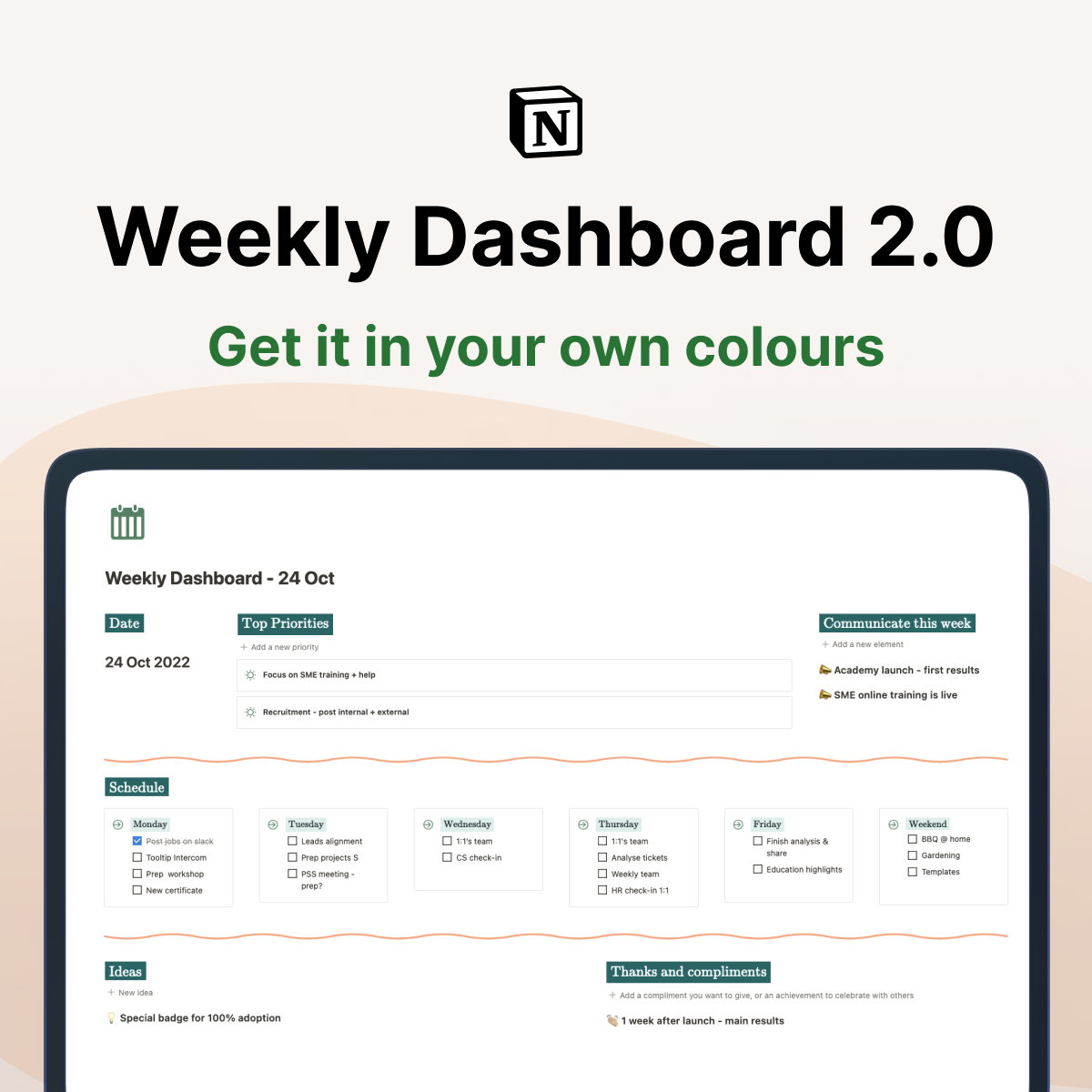 Weekly dashboard 2.0 - customizable Notion template for planning and tracking, available in various colors.