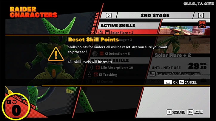 Screenshot of the Skill power up screen, showing it's now possible to refund all skill points.