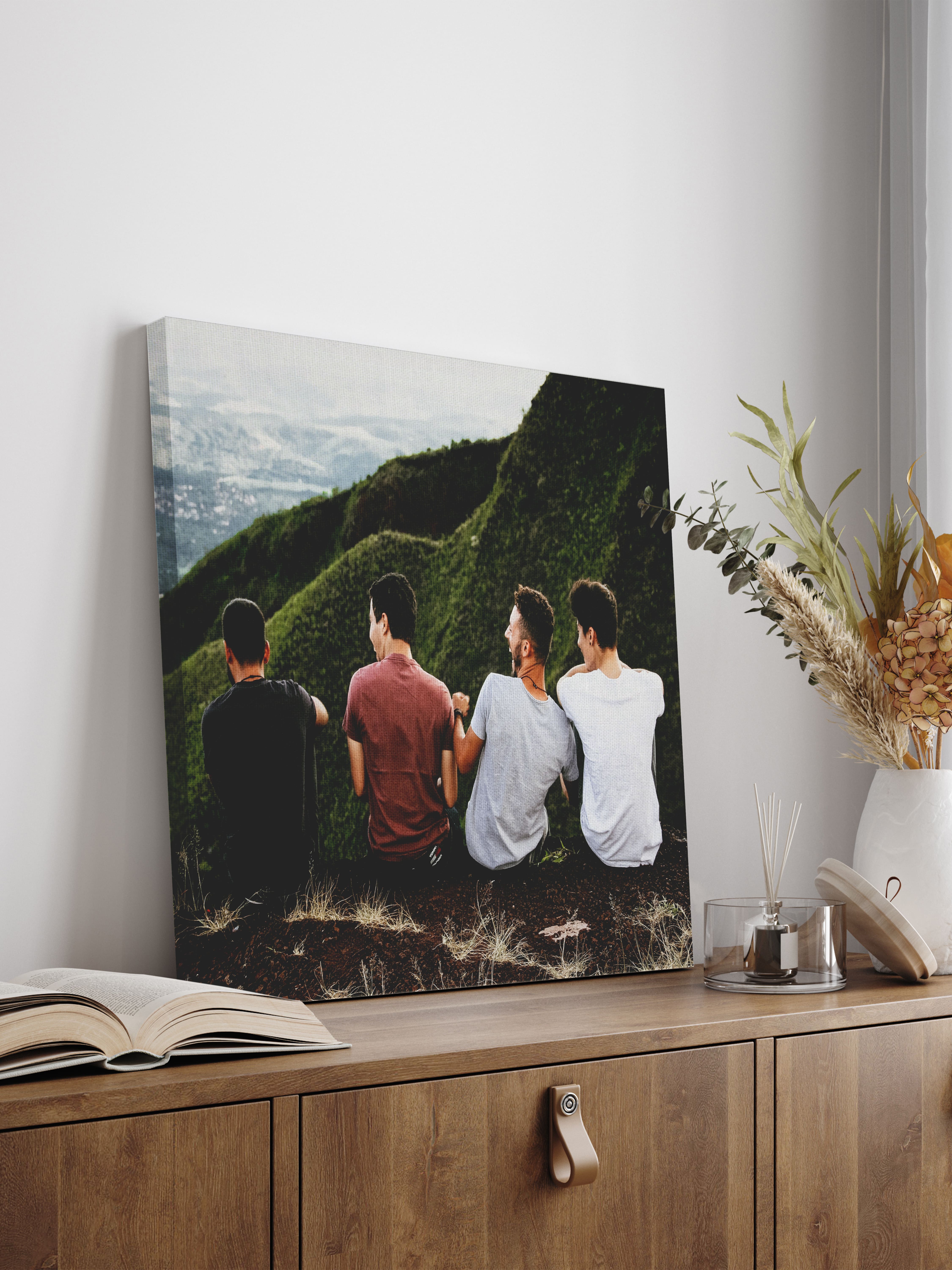 Canvas print on table of friends hanging out.