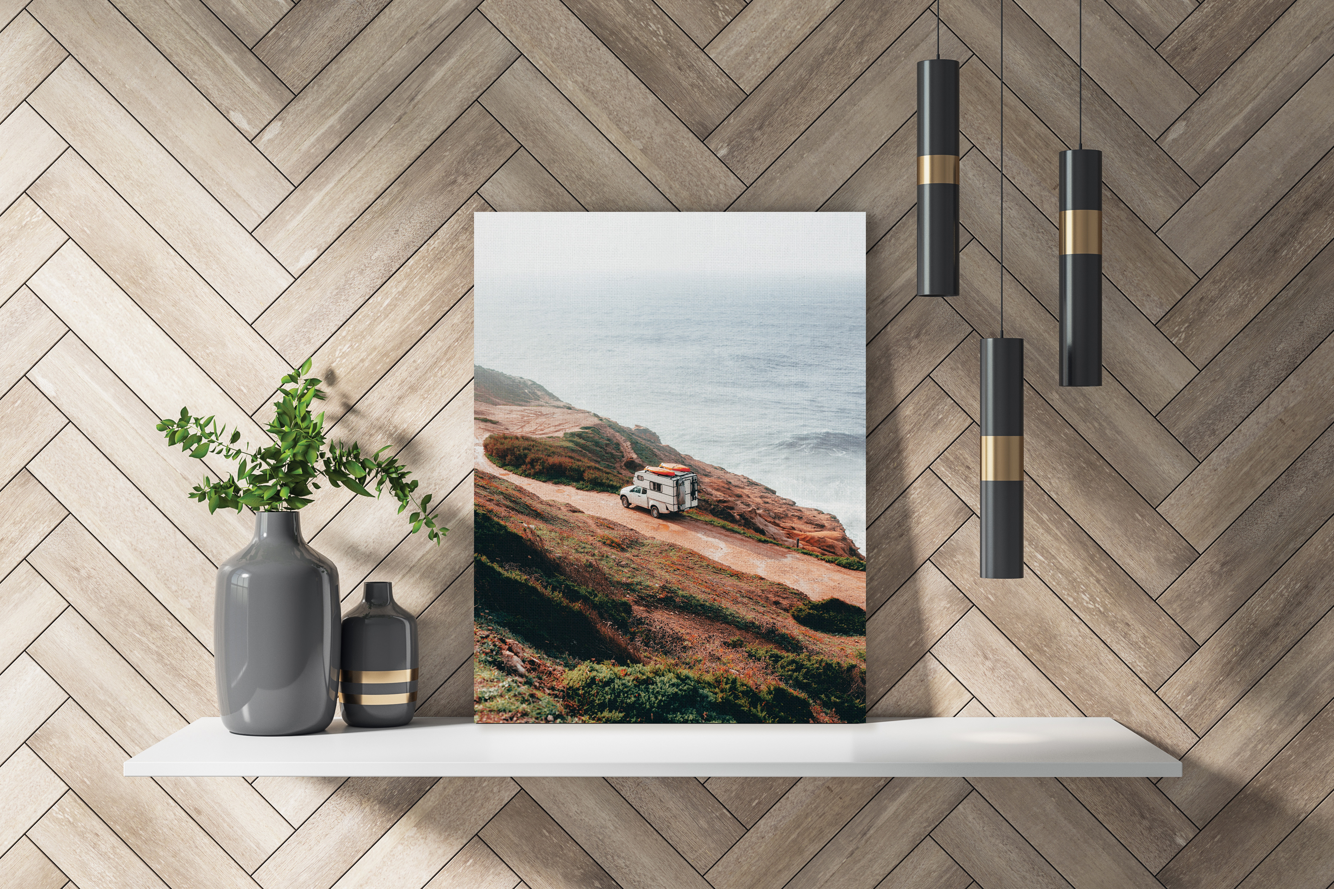 Canvas print of road trip on floating shelf