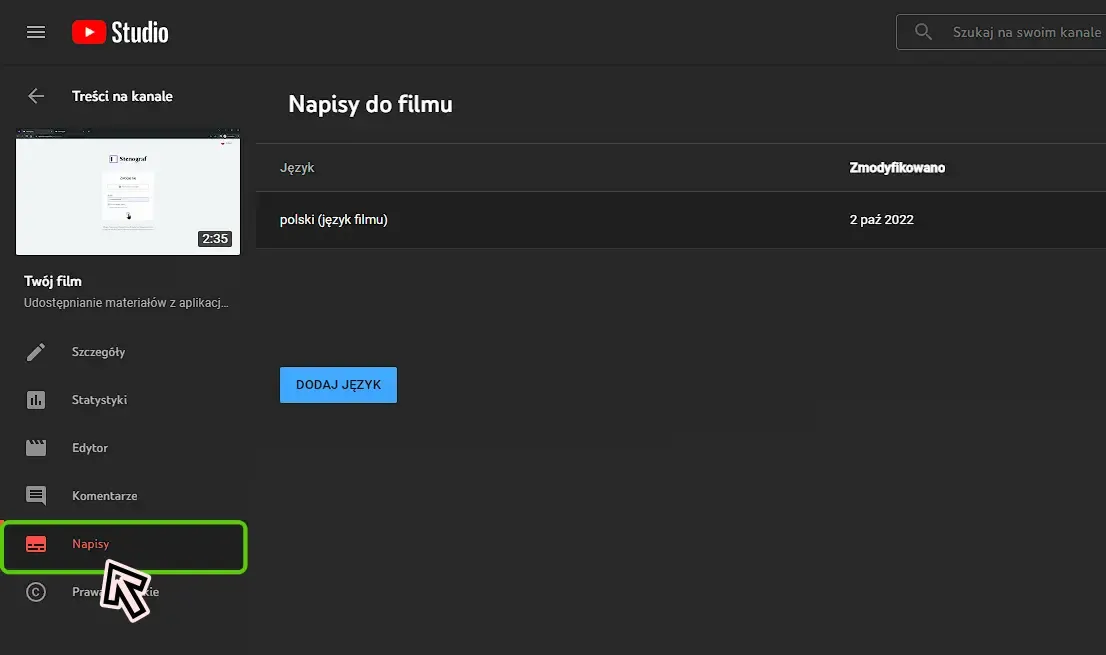 Zakładka Napisy w Youtube Studio.webp