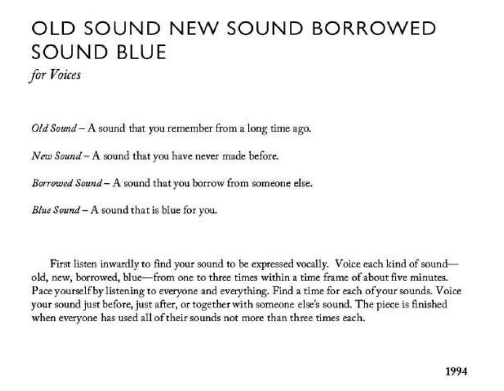דוגמת תווים מס 8: Pauline Oliveros, *Old Sound, New Sound, Borrowed Sound Blue for Voices*