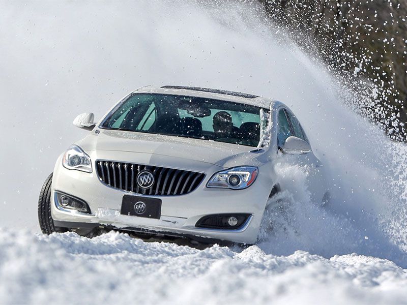 2017 Buick Regal AWD in snow front view ・  Photo by General Motors