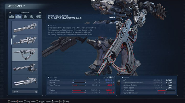  Weapons customization screen in ARMORED CORE 6.