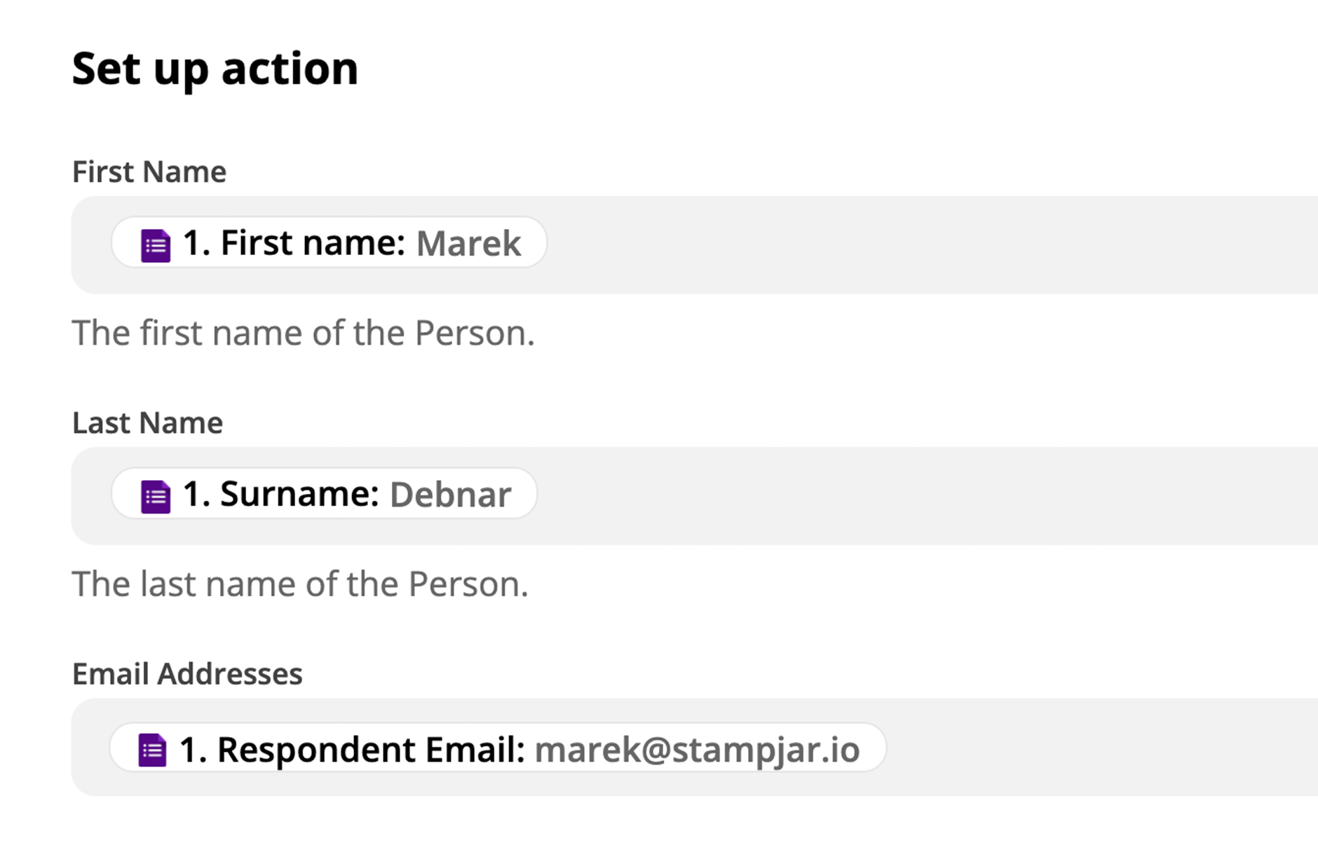 An action step in Zapier is configured to collect name and email address values using data from step 1