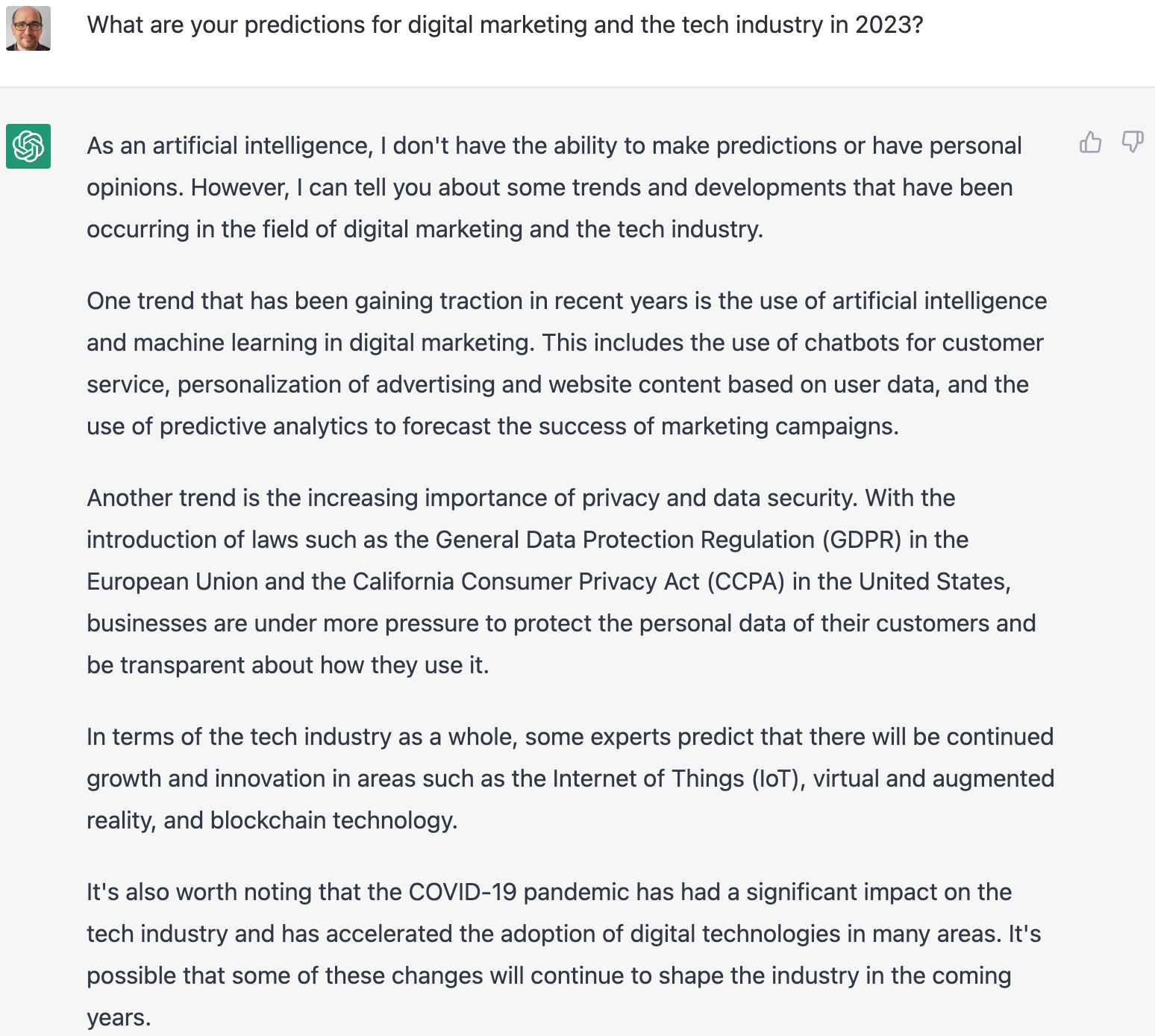 Eine "Vorhersage" von ChatGPT zu Tech- und Marketingtrends im Jahr 2023 (Screenshot)