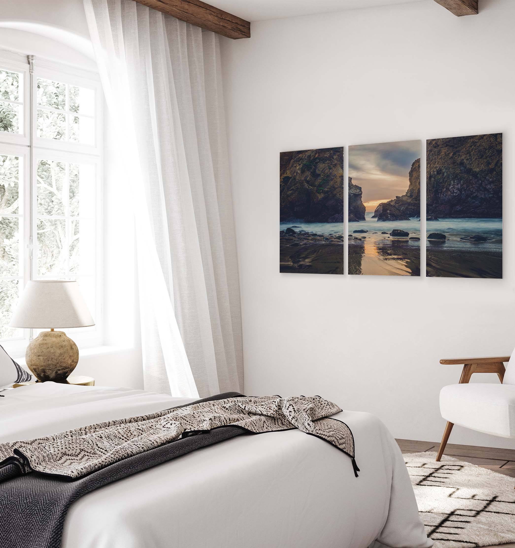 triptych print in a bedroom