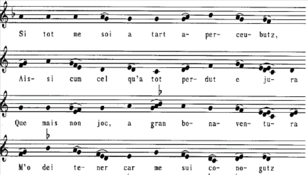 דוגמה 2.ג.: קטע מתוך הגרסה המקורית של השיר **Sitot me soi a tart aperceubutz**, מתוך: Rosenberg et al.,1998, p. 14780560061