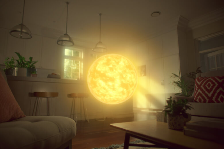 Still from Brighte TV advertisement showing a CGI sun in a living room