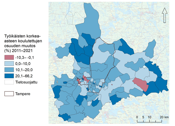 Kartta 4. Työikäisten korkea-asteen koulutettujen osuuden muutos postinumero¬alueittain Tampereen kaupunkiseudulla 2011–2021. Keskeinen sisältö on kuvattu tekstissä.