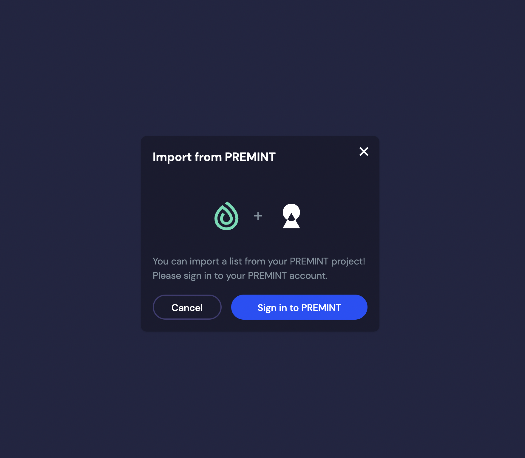 MintDrop screenshot of button to sign in to PREMINT