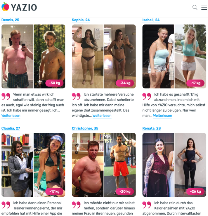 User erzählen auf yazio.com ihre Erfolgsgeschichten