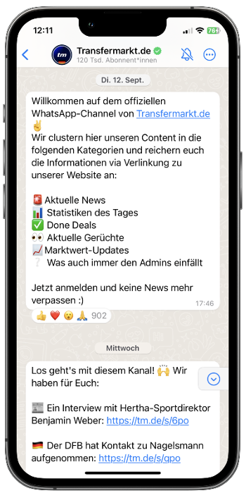 Whatsapp Kanal von Transfermarkt.de