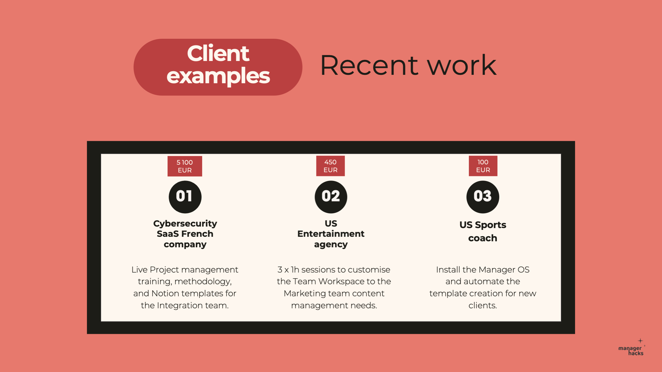 Consulting slide from ManagerHacks showing recent client work and examples, focused on project management solutions.