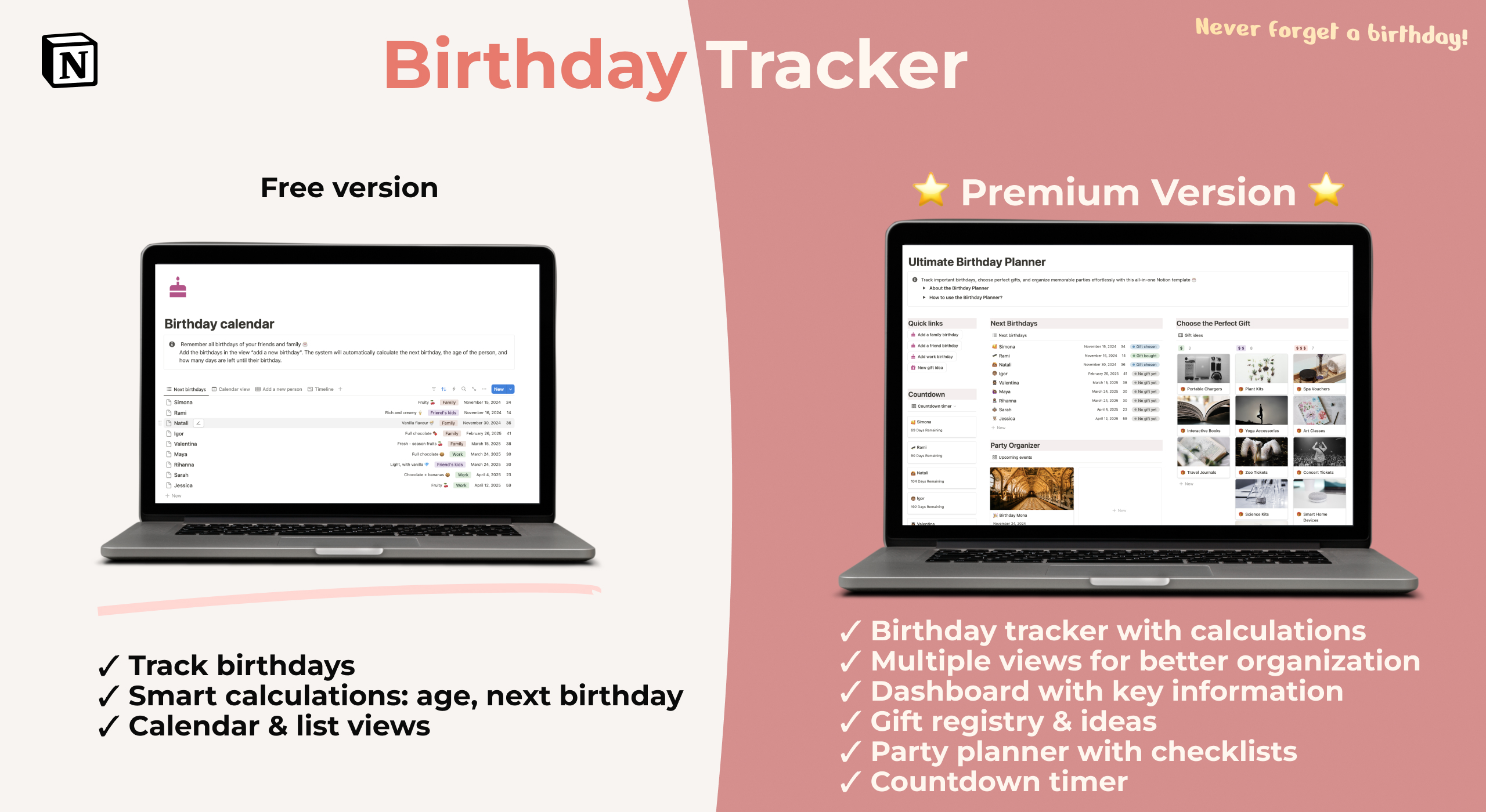 Comparison between free and premium versions of the birthday tracker for Notion with different features outlined