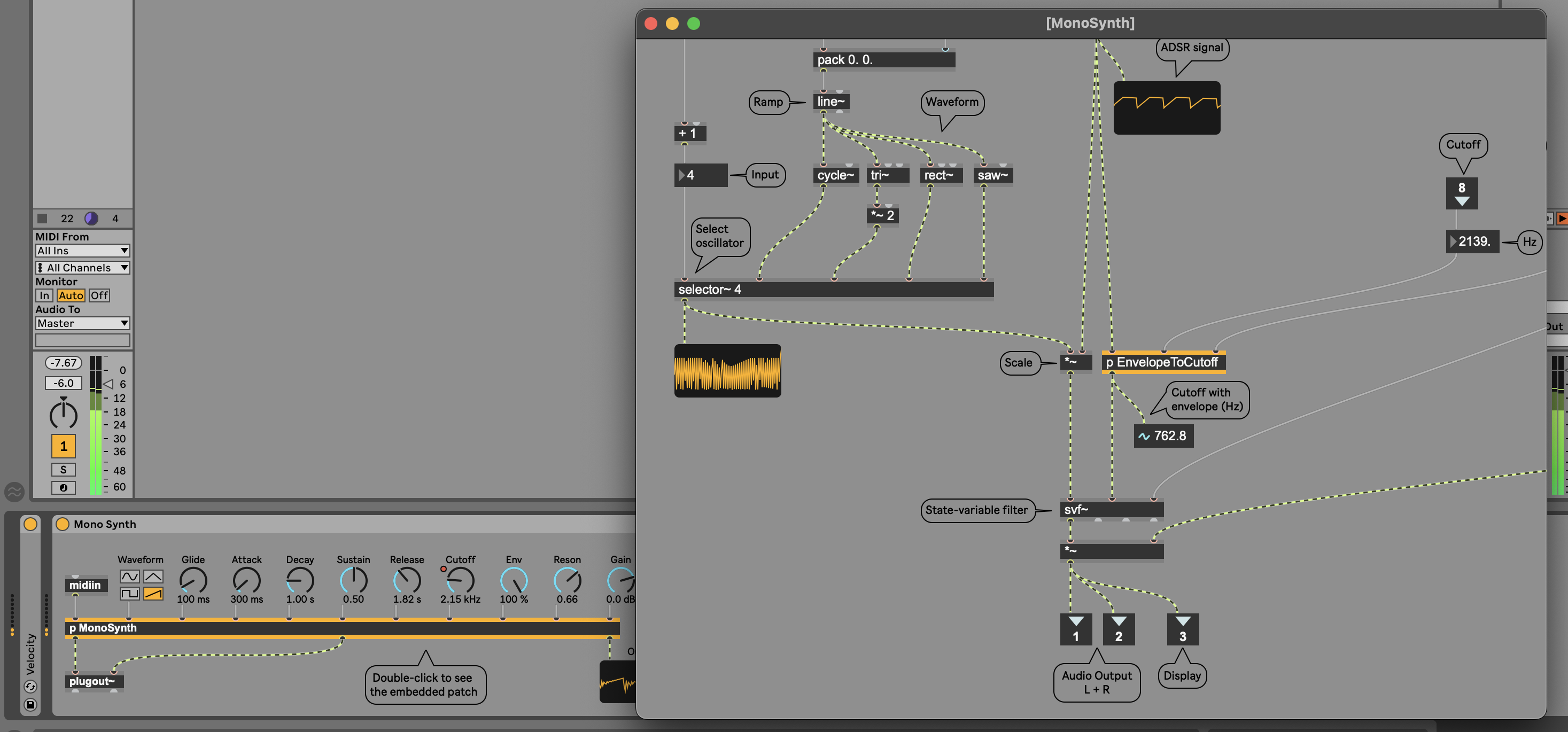 A monosynth created in Max for Live