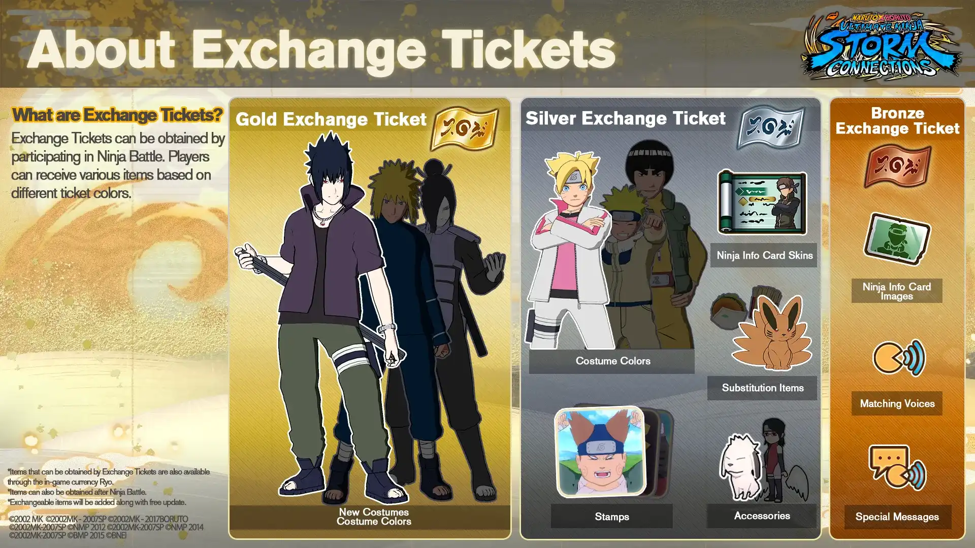 Infographic explaining the use of Exchange Tickets rewarded from a Ninja Battle event