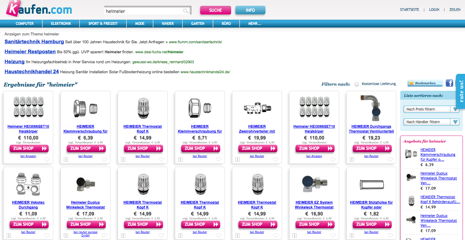 Screenshot von kaufen.com beim Keyword "heimeier"