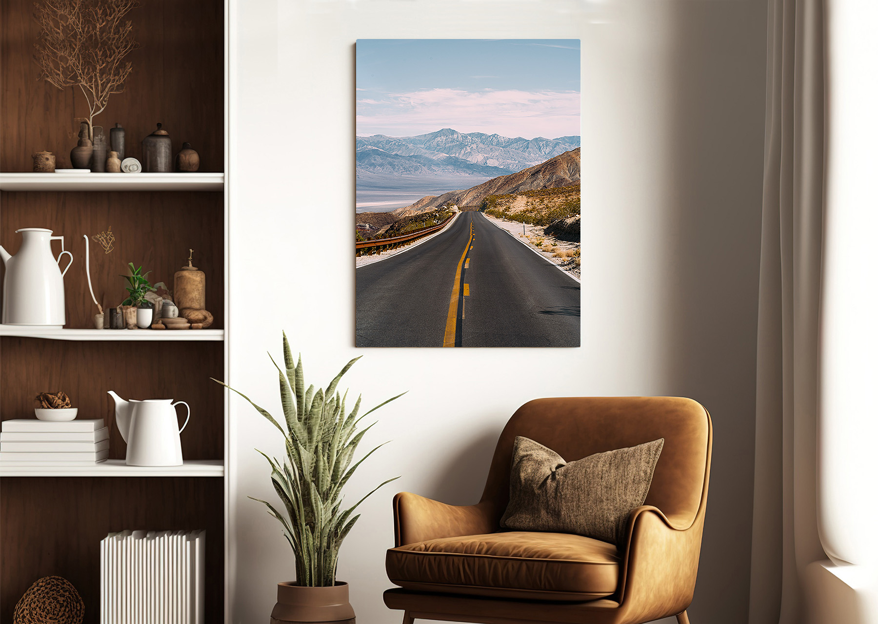 Metal print in the living room of a desert road way