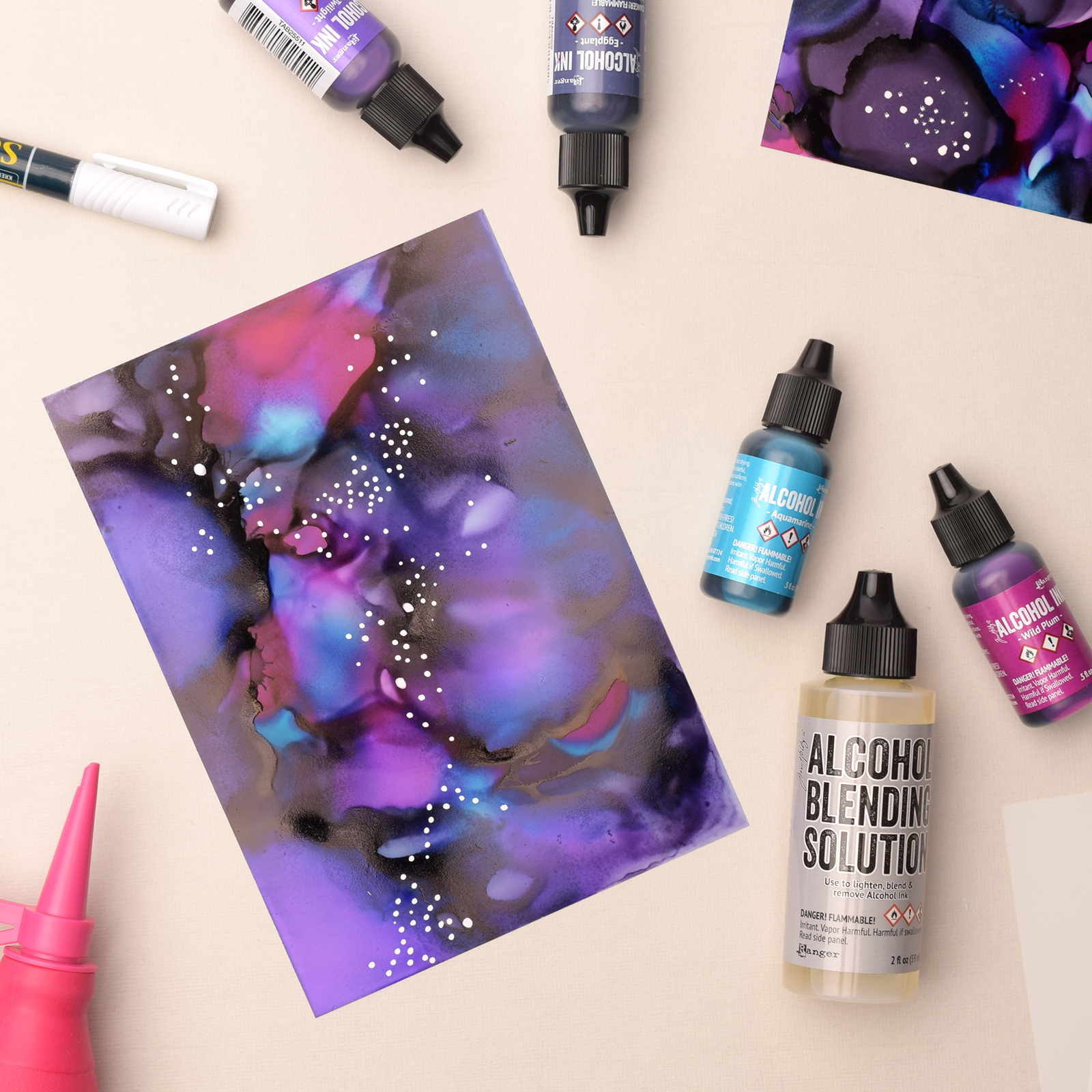 Alcohol ink, blending solution and pallettes for metal embossing