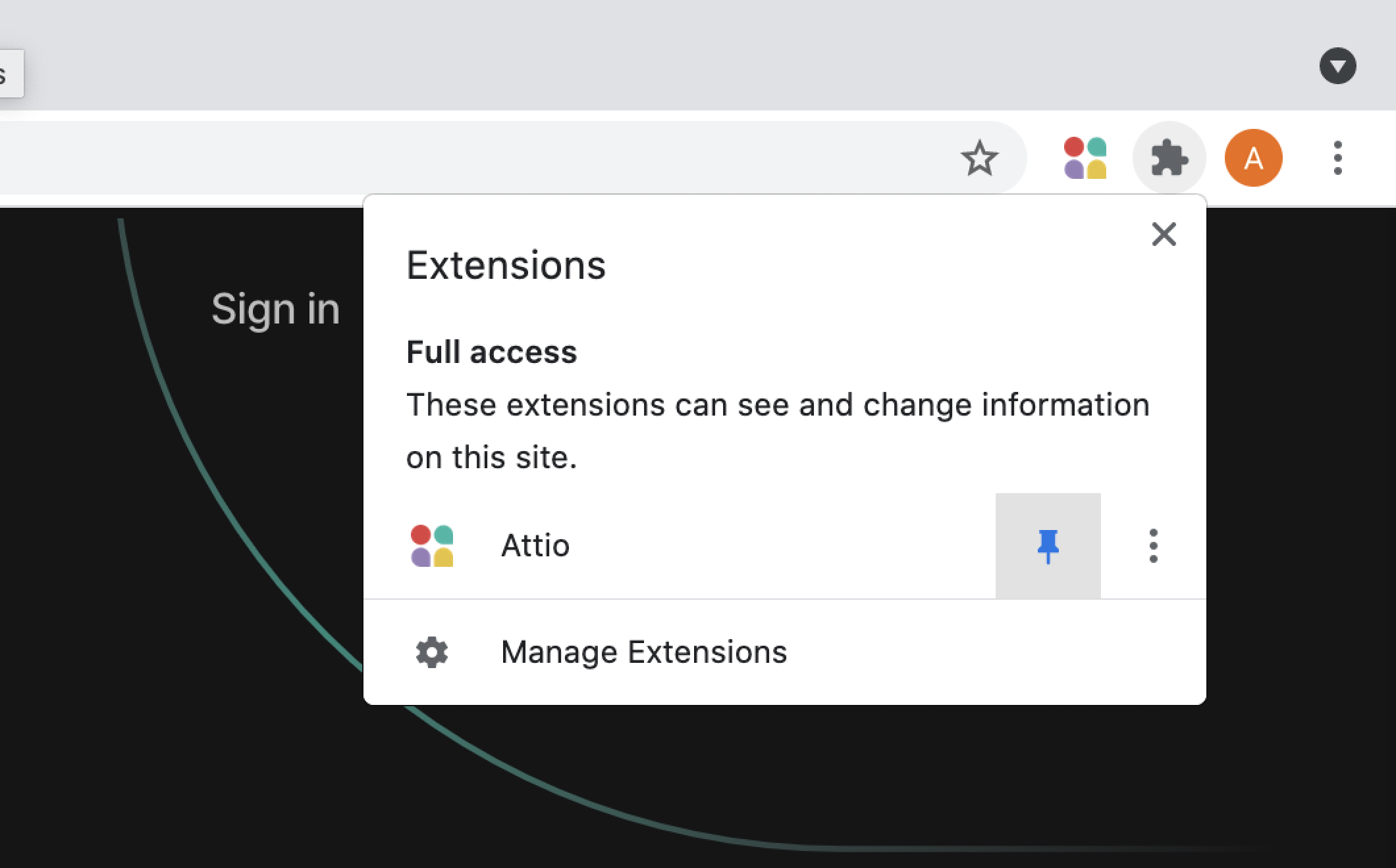 A dropdown in a Chrome browser shows how to pin the Attio extension to your toolbar for quick access using the pushpin icon next to the Attio logo.