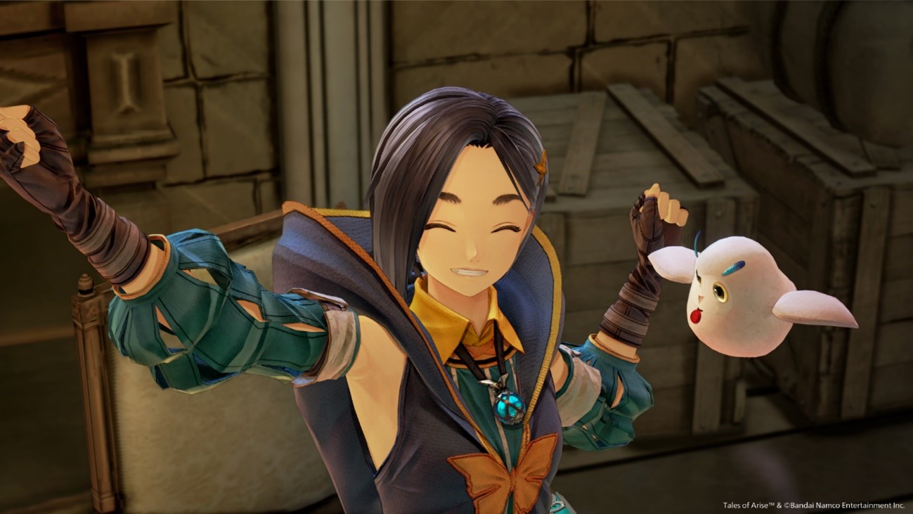 Rinwell, one of the main characters in Tales of Arise Beyond the Dawn, striking a pose with Hootle.