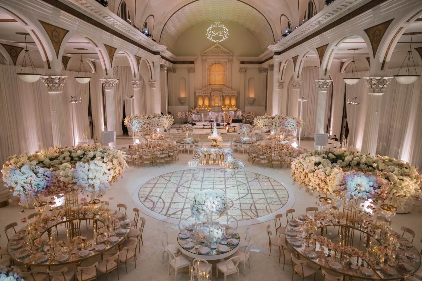 overhead view of cathedral set up for party