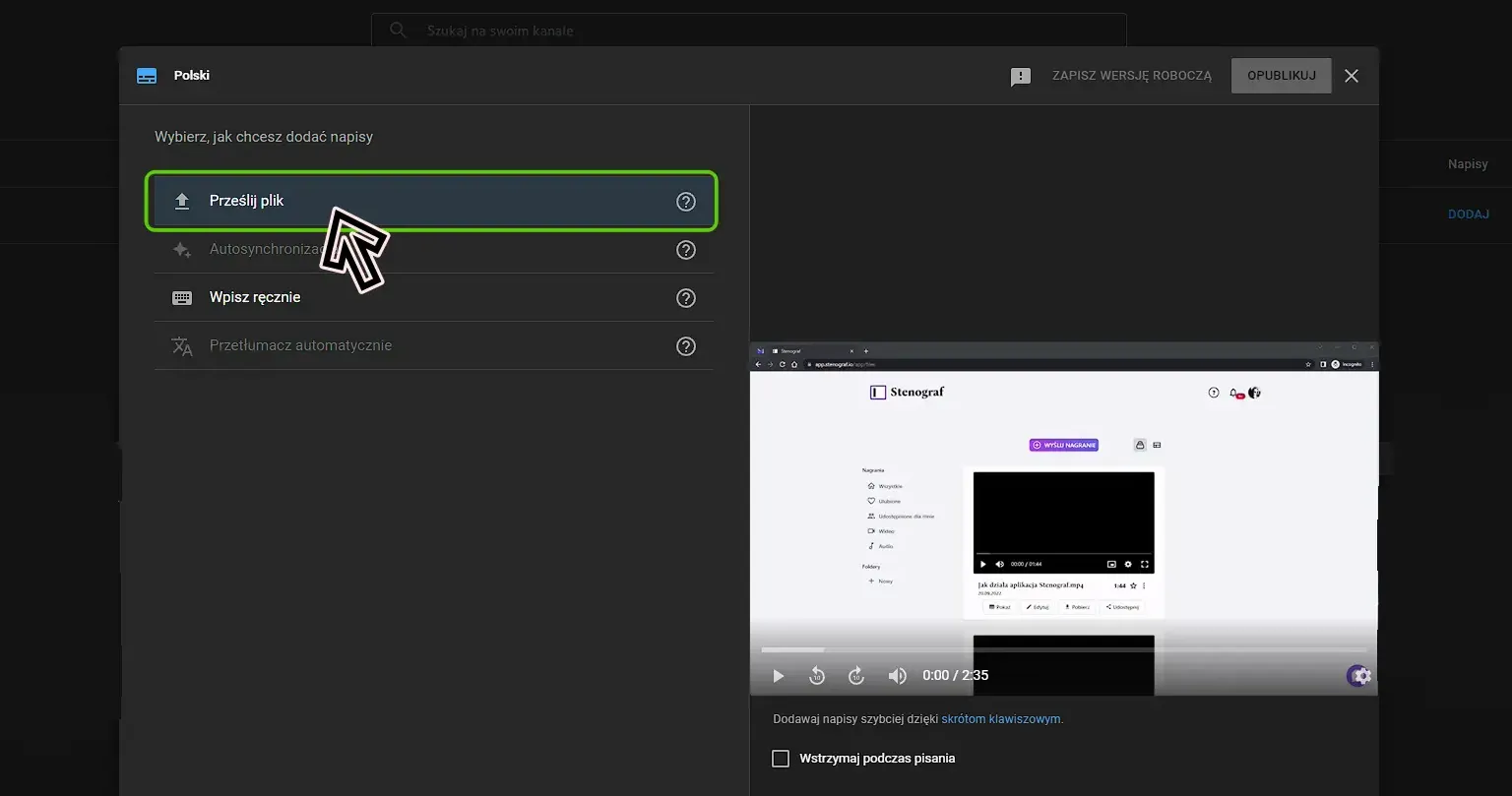 Przesyłanie pliku napisów w YT Studio.webp