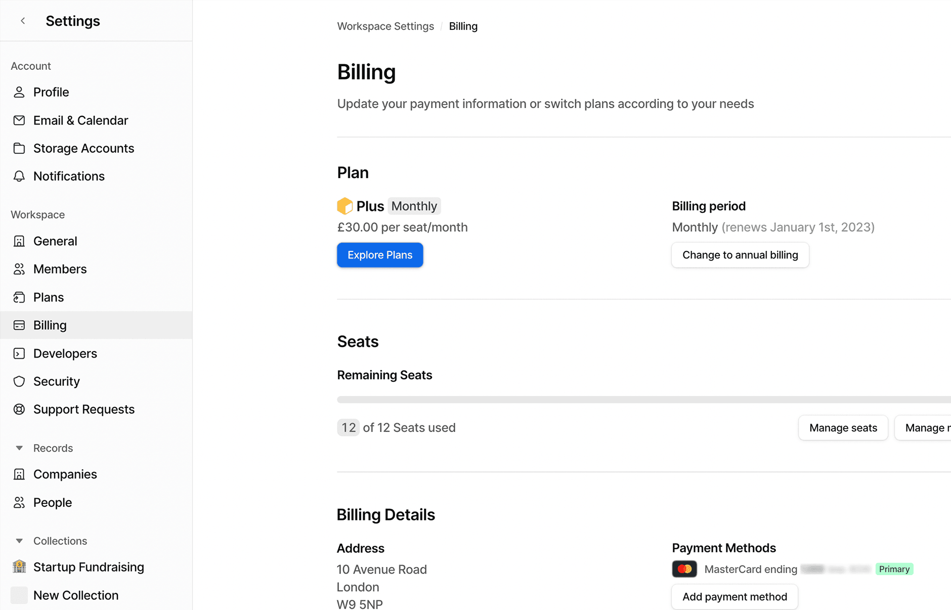 The Billing tab in Attio's Workspace settings 