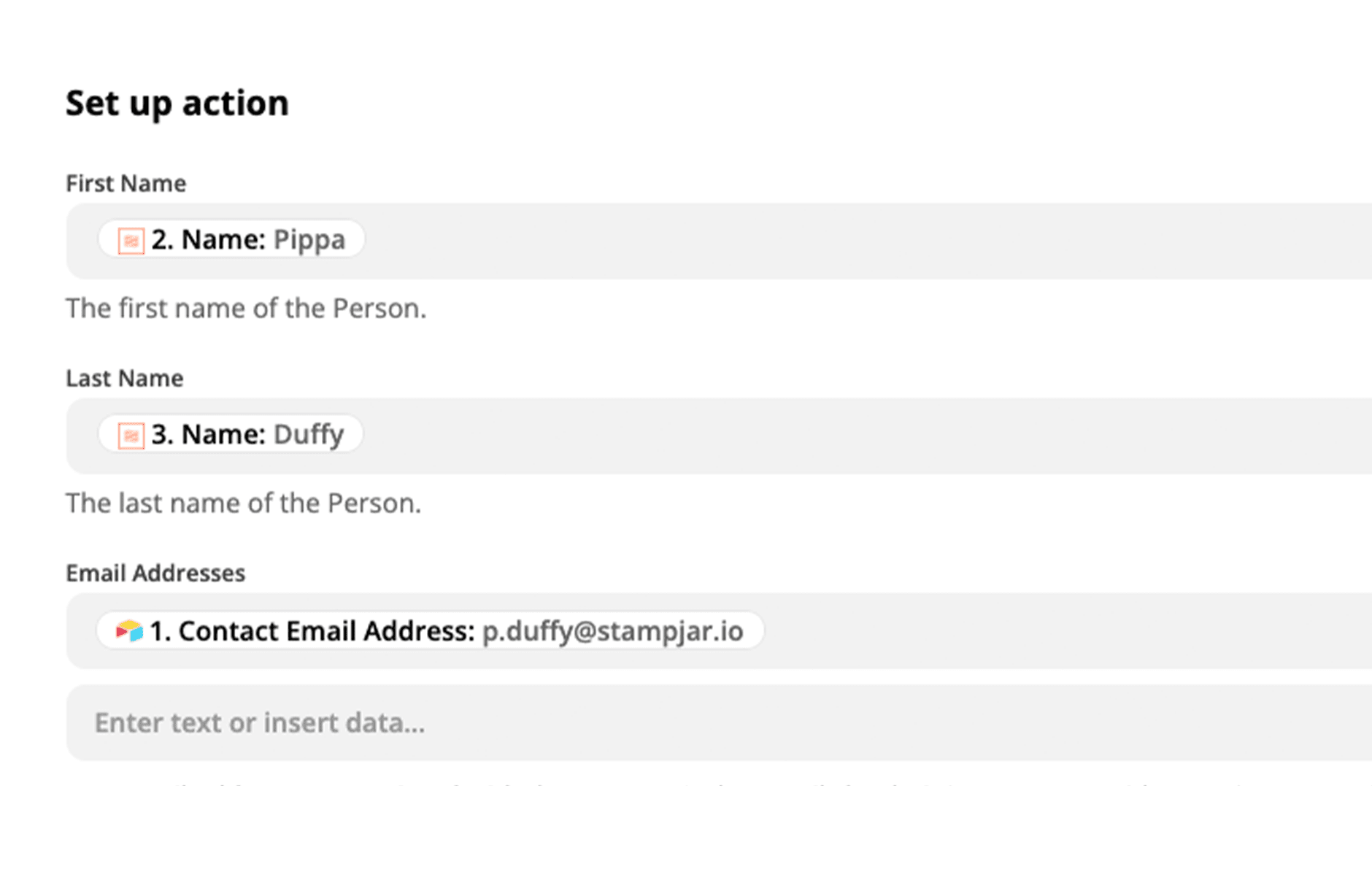 An action step in Zapier is shown, with name and address values being pulled in from prior steps.