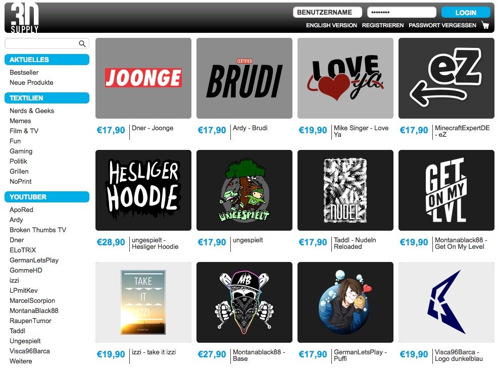 Über den Online-Shop 3dsupply können Fans Merchandising von YouTubern kaufen (Screenshot)