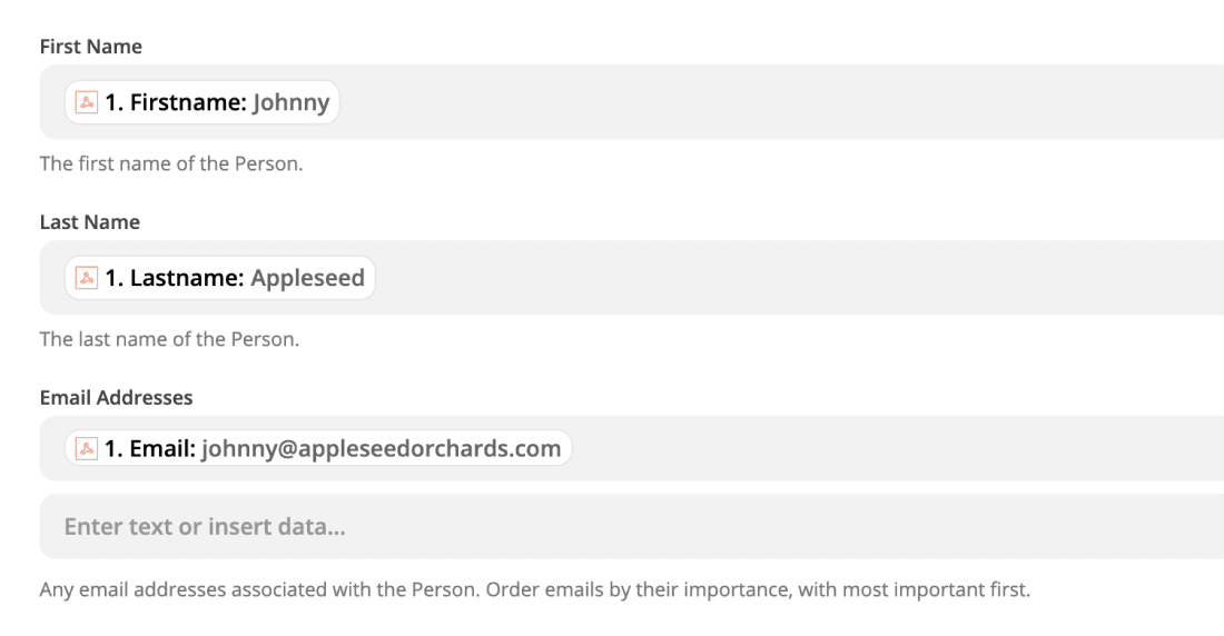 The name and email fields are all completed in this example Zap, with data pulled in from prior steps. This tells Zapier what data to send to Attio.