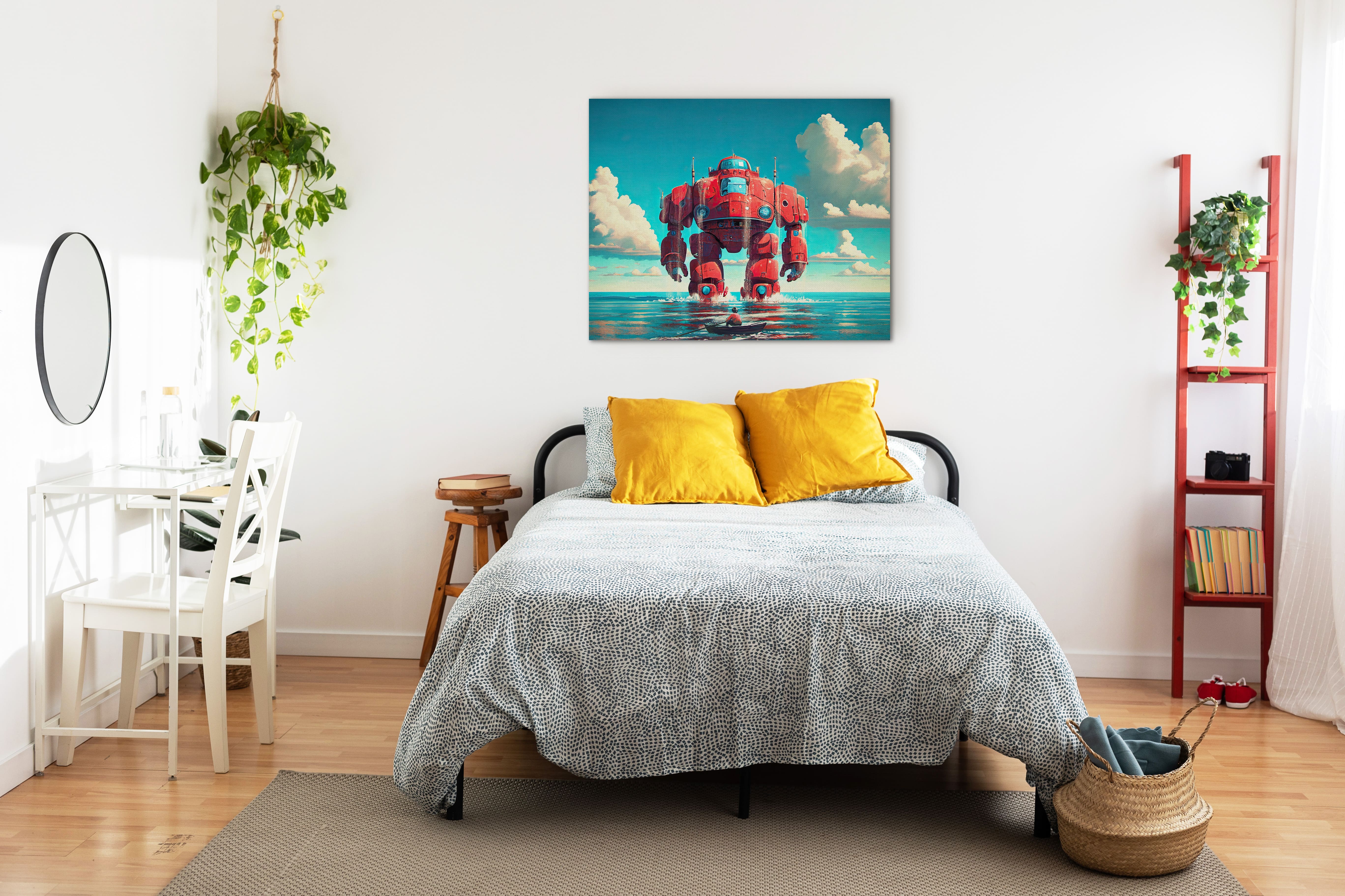 Canvas print in bedroom of AI generated robot