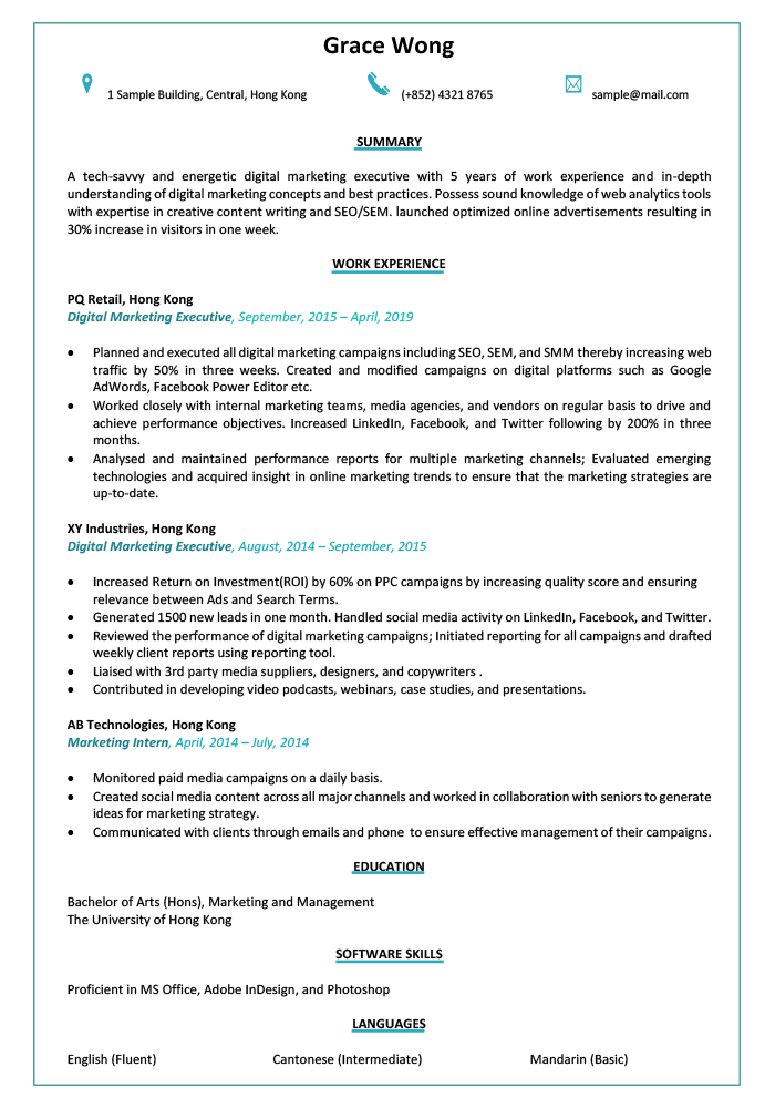 Resume & CV Sample for Digital Marketing Executive - Jobsdb Hong Kong