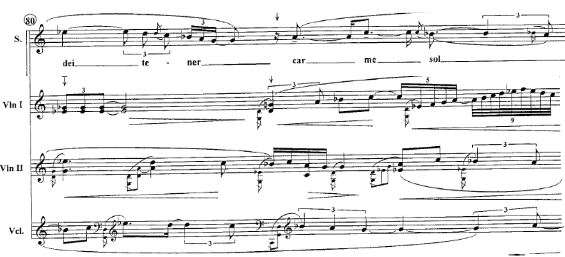 Example 2.D: Olivero, the heterophonic styling of the troubadour song (bar 80)