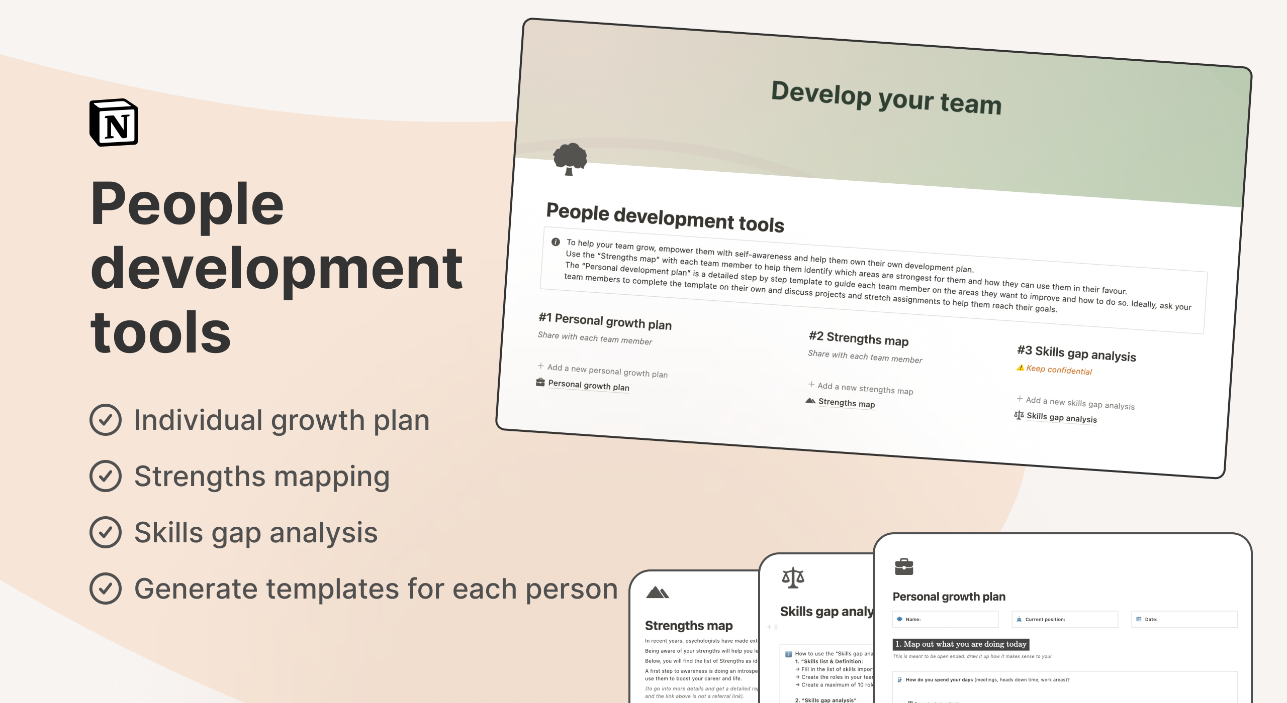 People development tools template - growth plan, strengths mapping, and skills gap analysis.