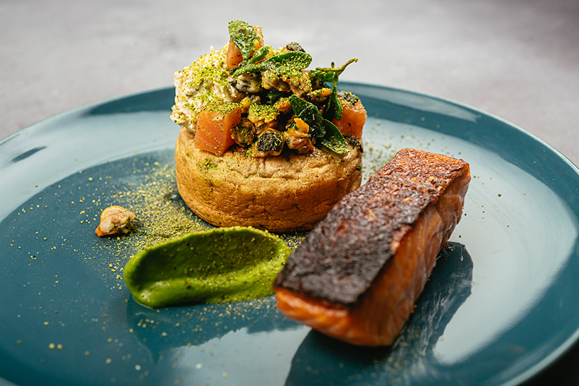 Barbecue cured salmon, broccoli, crab and sourdough crumpet