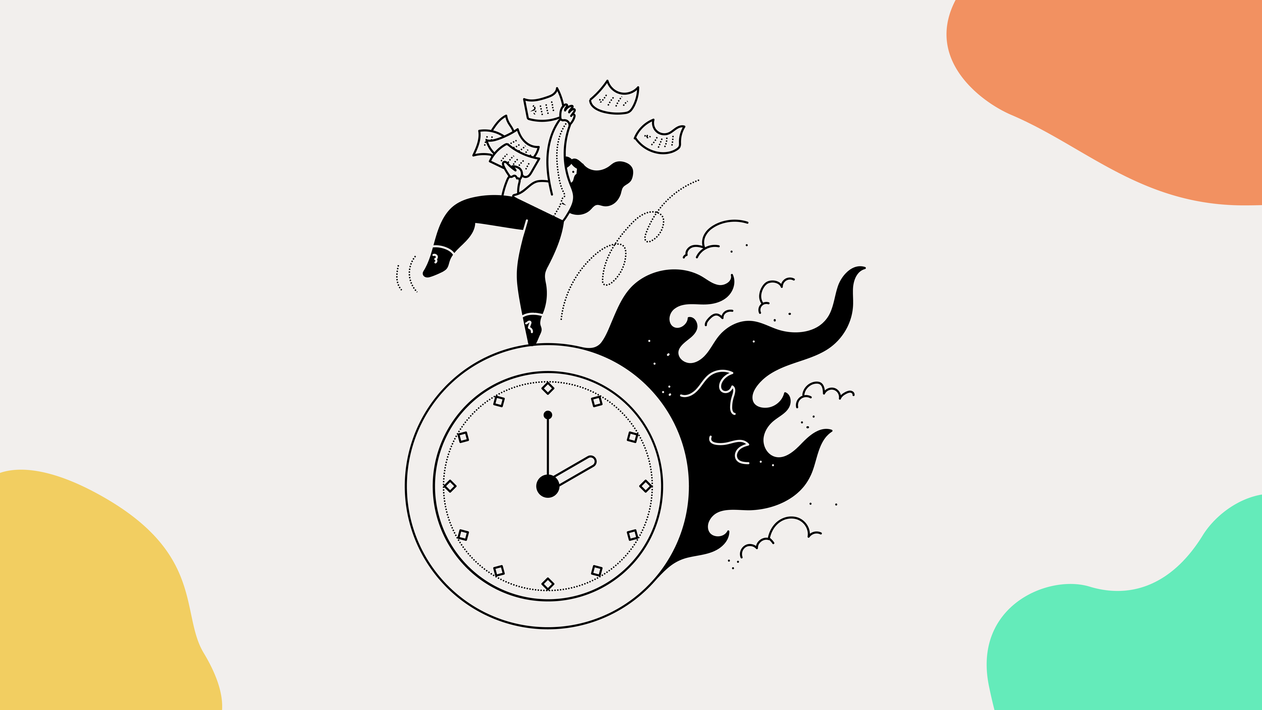 A person dropping paperwork, standing on a burning clock