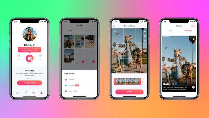 Nachdem Tinder vor einigen Monaten bereits Videos im Chat ermöglicht hatte, können Nutzer:innen der App nun auch ihre Profile um Clips ergänzen. Am übrigen Look der Dating-App ändert sich nichts