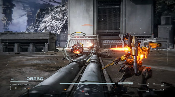 Screenshot of a mech attacking while defending and dodging in ARMORED CORE 6.