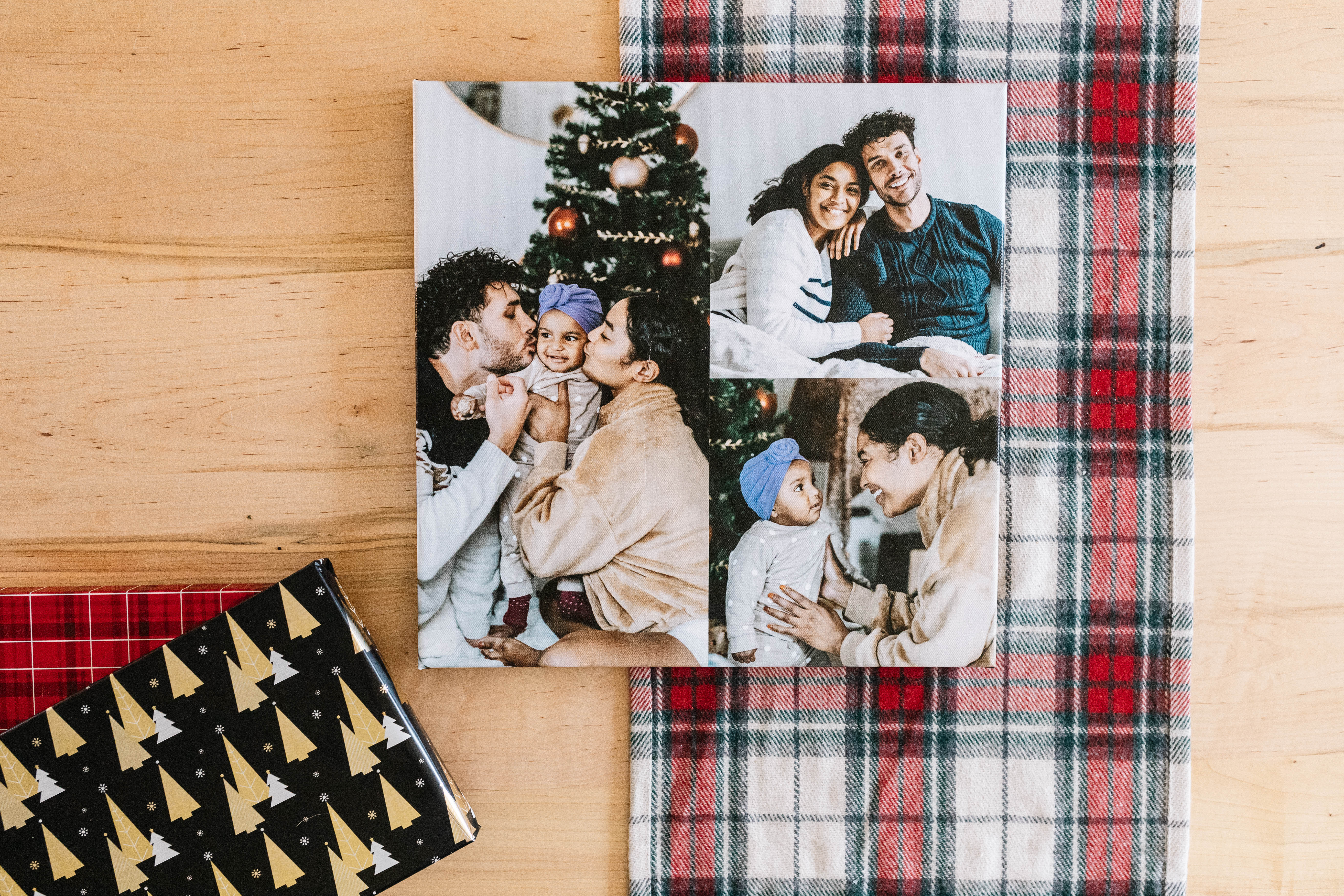 Canvas photo collage of family during Christmas