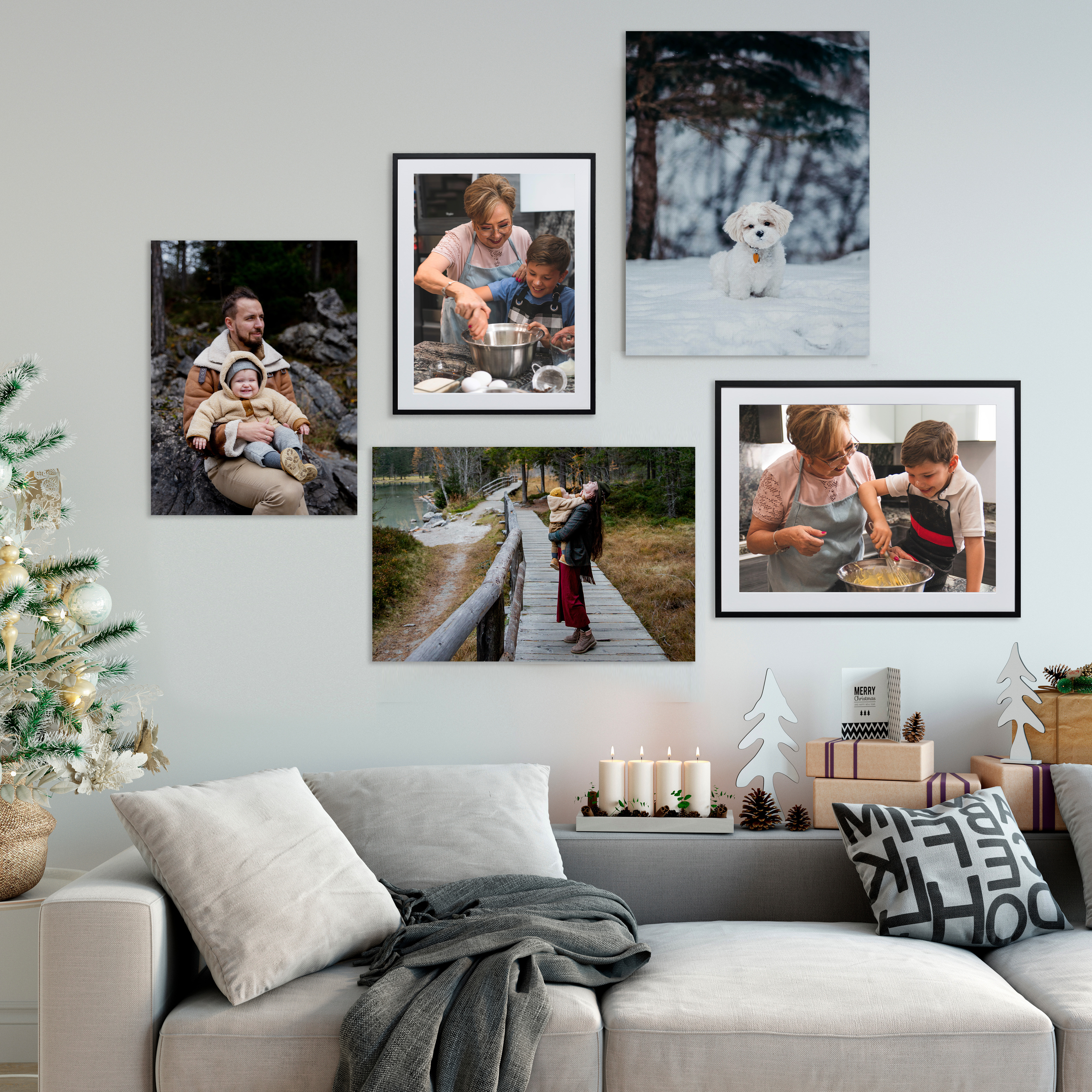 Gallery wall of canvas and framed prints of various family and pet photos