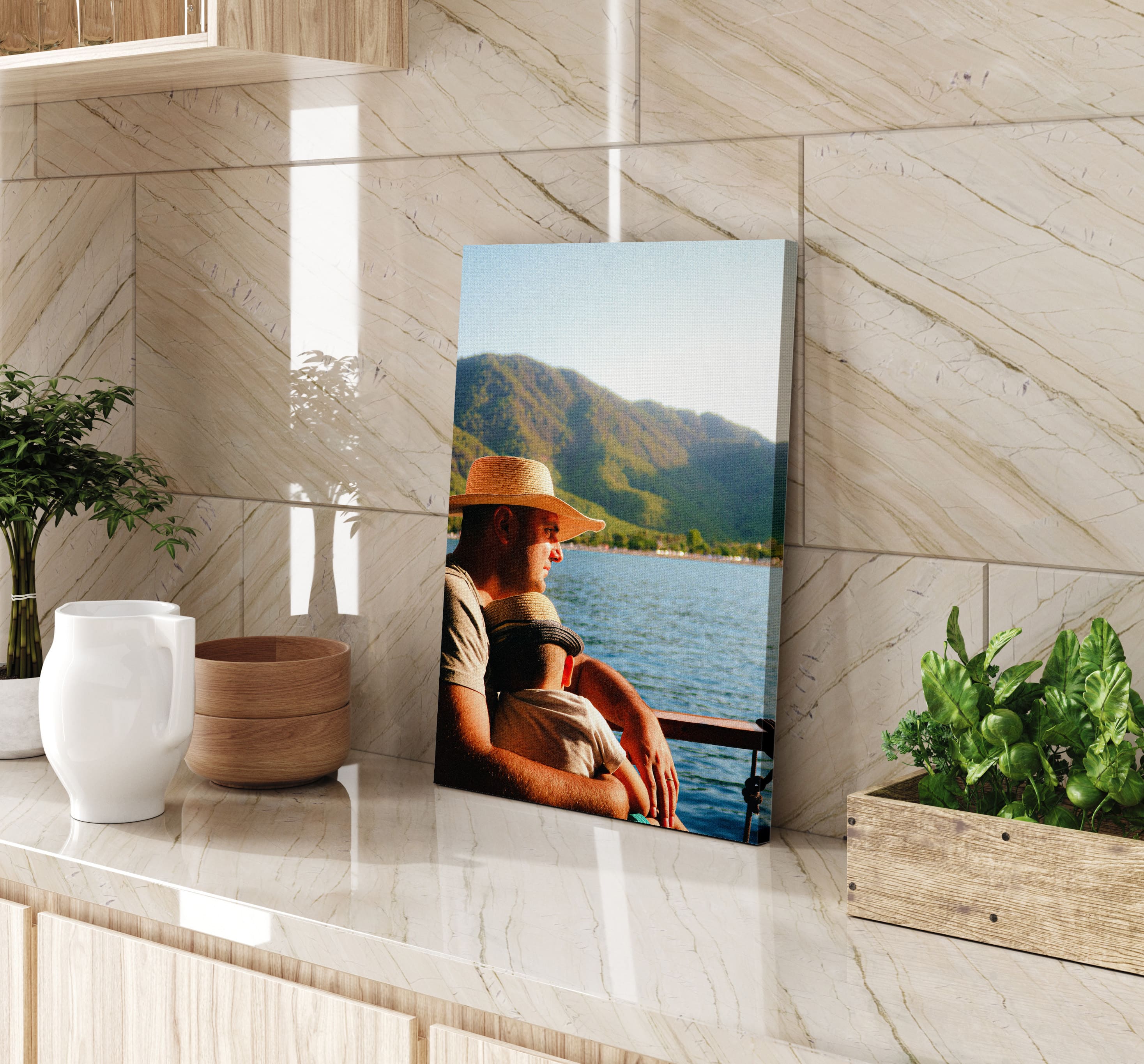 Canvas print on kitchen counter of father and son