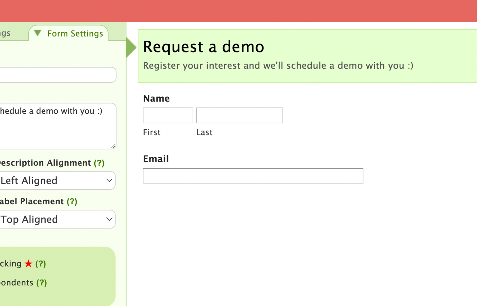 A simple Wufoo form is being built, collecting name and email address data.
