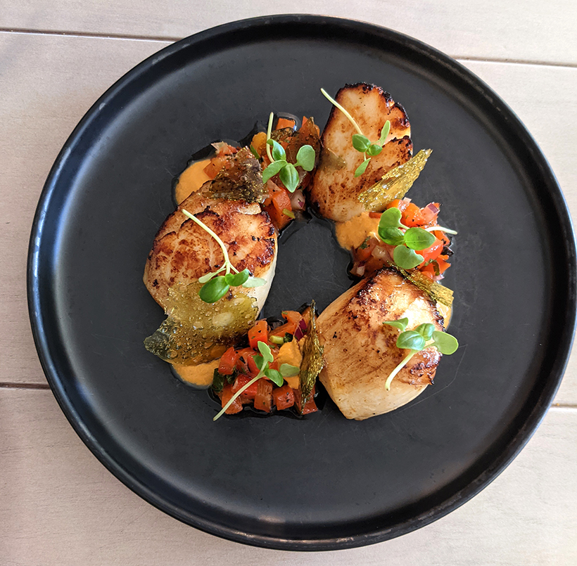 Pan-roasted scallops, roe mousse, basil glass, roasted red pepper salsa