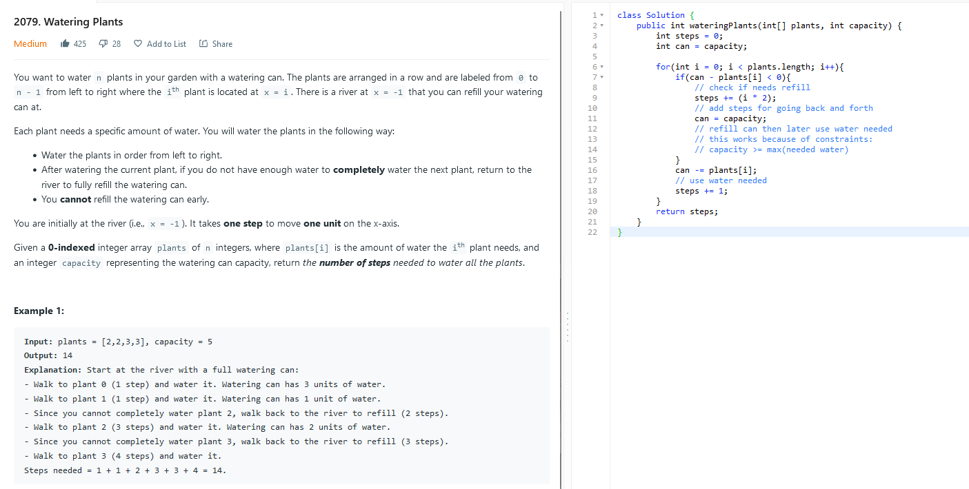 Watering Plants (LeetCode #2079)