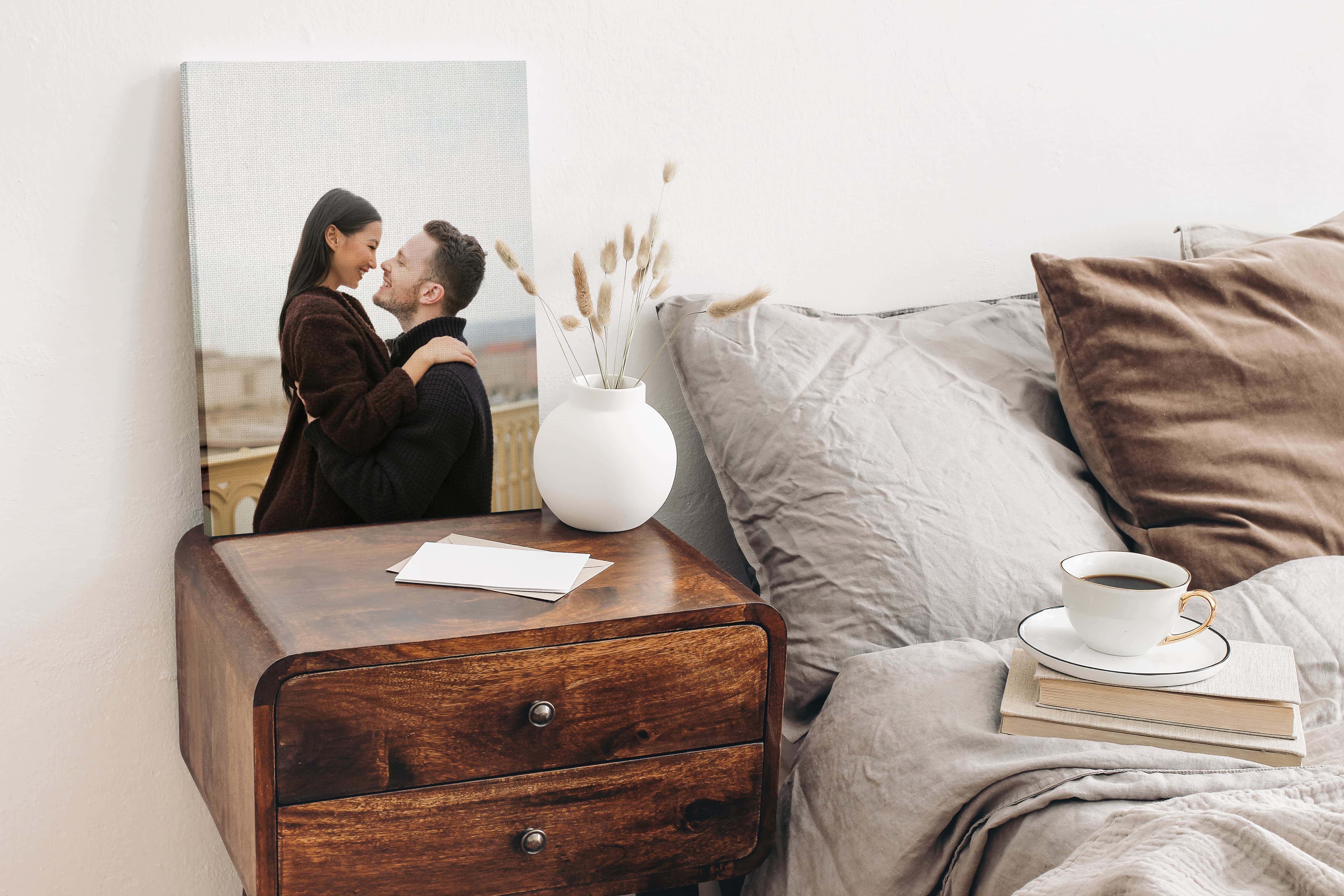 Canvas print on side table of couple
